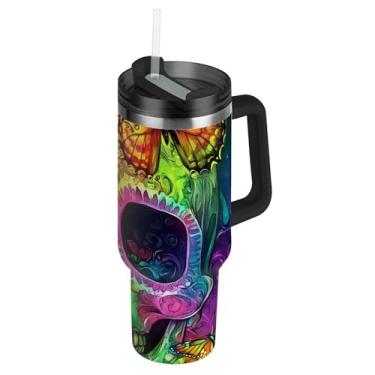 Imagem de Copos com tampas e canudos Colorido Crânio Rosas, Borboletas, Copo de 850 g com Alça Garrafa de Água à Prova de Derramamento Copos de Café Quente Isolados de Aço Inoxidável para Carro