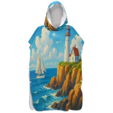 Imagem de Joisal Poncho de surfe em aquarela com farol de mar azul para adultos trocador reutilizável masculino feminino poncho com capuz toalha de banho com capuz de praia
