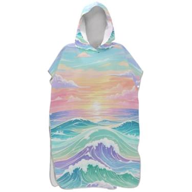 Imagem de Joisal Poncho de surf pastel ondas do oceano para adultos trocador toalha de banho com capuz reutilizável homens mulheres poncho com capuz