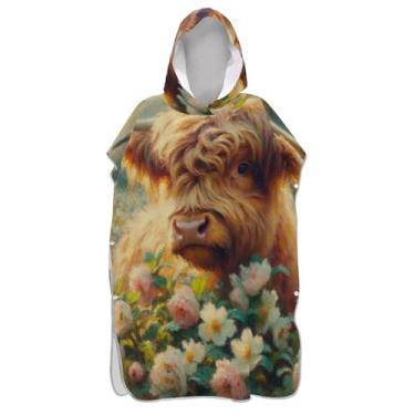 Imagem de TSENQUE Roupão Highland Bezerro Vaca Primavera Flores Trocando Roupão para Adultos Poncho de Surf com Capuz Toalha de Natação Unissex Vestível Adulto Poncho com Capuz