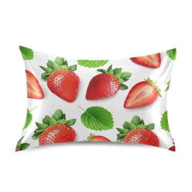 Imagem de Fronhas de cetim legais refrescantes arte fofa king queen padrão fronhas capa de cama tamanho queen 76.2 cm x 50.8 cm morangos folhas verdes branco