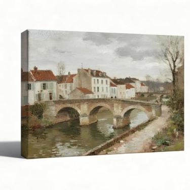 Imagem de Arte de parede em tela de paisagem, pintura de ponte de pedra da vila do rio, impressão impressionista de cidade europeia para sala de estar corredor escritório, decoração de parede vintage, pronto