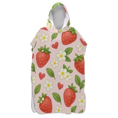 Imagem de Poncho de surfe para adultos trocador de roupa de banho com capuz bonito ponchos de praia reutilizáveis para homens lindos morangos rosa desenho animado