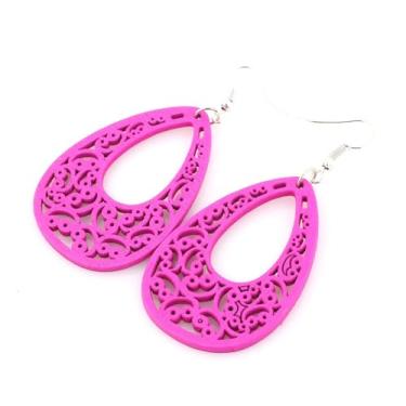 Imagem de RofYof Brincos femininos geométricos de madeira vazados naturais boêmios, Small, Madeira, Sem pedra preciosa