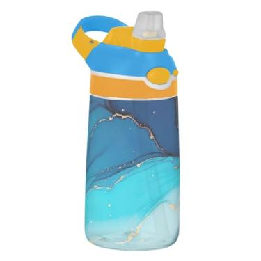 Imagem de Garrafa de água infantil azul turquesa arte dourada para escola, 473 ml 473 ml Tritan Sports garrafa de água com canudo, copo de viagem reutilizável para crianças portátil, alça de transporte