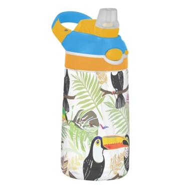Imagem de Garrafa de água esportiva infantil colorida com folhas de tucanos para escola, 473 ml, garrafa de água Tritan de 473 ml com canudo, copos de viagem à prova de vazamento para crianças portáteis, alça