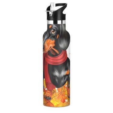 Imagem de Garrafas de água para meninos com folhas de outono para meninos com tampa de palha, garrafa de água isolada de aço inoxidável com parede dupla, à prova de vazamento, copos infantis para escola, viagem