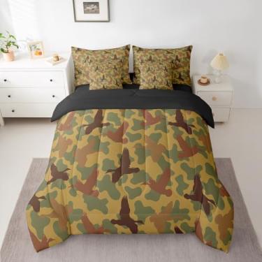 Imagem de Feelyou Conjunto de cama queen de camuflagem de pato e camuflagem para meninos e adolescentes, conjunto de cama de caça de pato, inclui edredom, conjunto de lençol, fronhas de quarto militar