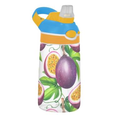 Imagem de Garrafa de água esportiva infantil de folhas verdes de maracujá para escola, 473 ml, garrafa de água Tritan de 473 ml com canudo, copos de viagem reutilizáveis para crianças à prova de vazamento, alça