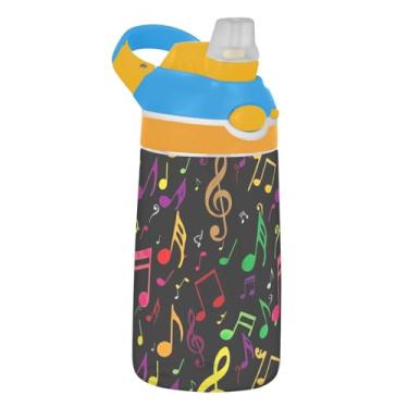 Imagem de Garrafa de água preta colorida com símbolos musicais para crianças com canudo 473 ml 473 ml Garrafa de água de plástico Tritan reutilizável à prova de vazamento, copo de viagem infantil, portátil