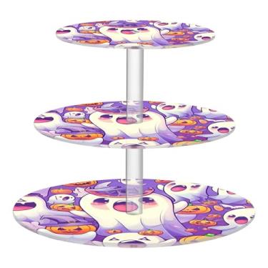 Imagem de Cute Ghosts Abóboras roxas 3 camadas suporte de cupcake para festa, copo de acrílico, torre de bolo, suporte de sobremesa, exibição de mesa, bandejas de comida de aniversário