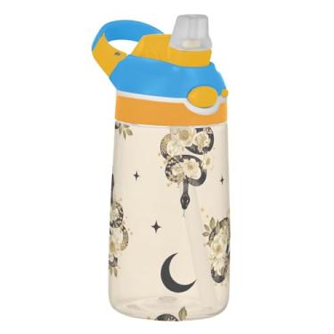 Imagem de Garrafa de água preta dourada com flores de cobra para crianças 473 ml Tritan à prova de vazamento garrafa de água esportiva com tampa de canudo 473 ml copo de viagem infantil portátil reutilizável