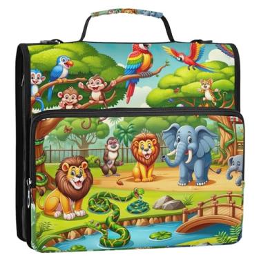 Imagem de Fichário de desenho animado de animais da floresta com 3 anéis de 3,8 cm D para fichário com zíper, bolsa escolar com alça de ombro, vários bolsos, pasta grande para portfólio