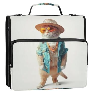 Imagem de Fichário fofo de animal vestido de gato de 3 cm com 3 anéis de zíper resistente com alça de ombro para portfólio escolar e suporte de pasta de anel
