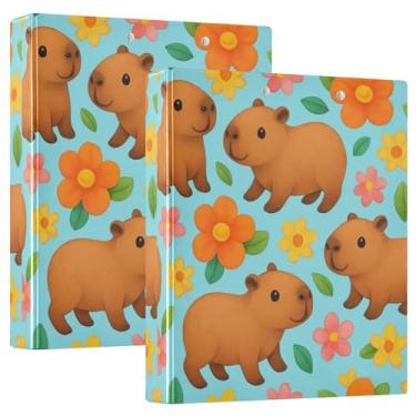 Imagem de Fichários de 3 anéis de capivaras azuis fofas personalizadas com 3 anéis de 1,5 polegadas comporta 200 folhas, pastas, caderno, impressão, anel redondo, fichário, receita, 31,5 x 27 x 6 cm, 1 pacote