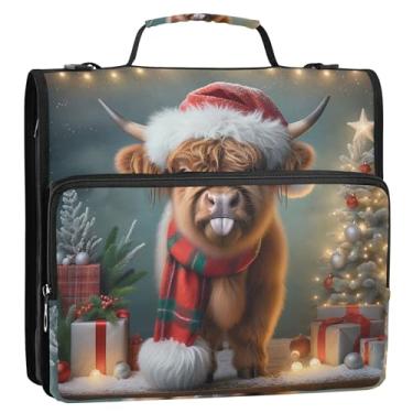 Imagem de Fichário organizador de 3 anéis de Natal de vaca Highland de 3 cm com zíper com alça bolsa escolar de negócios, vários bolsos, pasta grande para portfólio