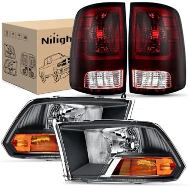 Imagem de Nilight Conjunto de farol e lanterna traseira compatível com Dodge Ram 1500 2500 3500 2009, 2010, 2011, 2012, 1500, 3500, estilo original, refletor âmbar preto com luzes traseiras vermelhas escuras