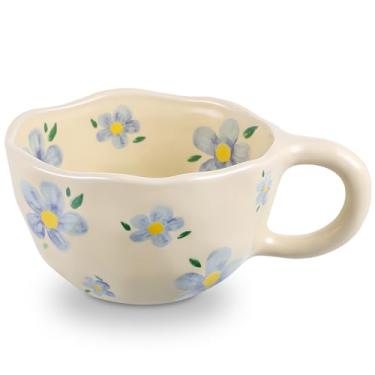 Imagem de NAYAHOSE Caneca de café de cerâmica, canecas de café criativas e fofas canecas de cerâmica com flores estéticas irregulares para mulheres latte chá leite aveia xícara de café da manhã, 250 ml (flores