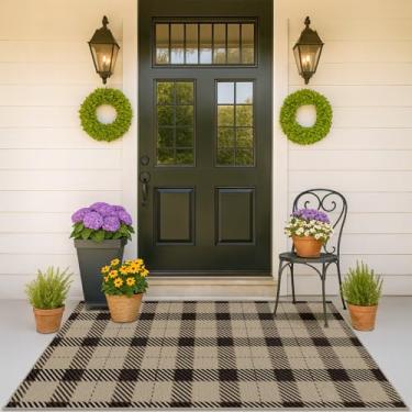 Imagem de Tapetes neutros de juta fáceis de 10 x 15 cm para entrada grande, tapete xadrez de búfalo para porta da frente, tapetes laváveis para área interna e externa, sala de estar pequena, decoração