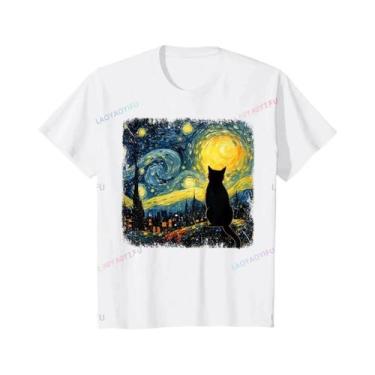 Imagem de Camiseta Van Gogh Cat Starry Night Para Amantes De Gatos, Estilo Casua