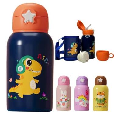 Imagem de Garrafa Térmica Infantil 500 ml Aço Inox Com Bolsa Canudo e Caneca Garrafinha Escolar Infantil (Azul Marinho)