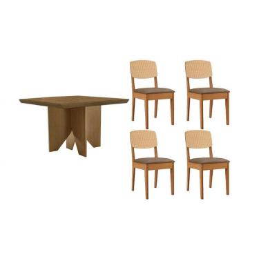 Imagem de Sala Jantar Mesa Nevada Tampo Curvo 90cm+4 Cadeiras Havana Naturale - Suede Capuccino - Rufato