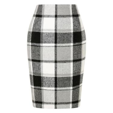 Imagem de IDEALSANXUN Saias midi xadrez femininas 2024 outono inverno comprimento até o joelho saia lápis de lã com fenda, Cinza novo, XGG