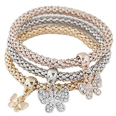 Imagem de 3 peças multicamadas cristal strass contas corrente de milho amor coração árvore da vida conjunto de pulseiras para mulheres menina adolescente borboleta elástica animal pulseira amizade jóias , Metal Strass, Strass