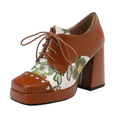 Imagem de Tênis feminino versátil de poliuretano com salto grosso, floral, salto alto, frente com cadarço, casual, bico quadrado, Marrom, 38