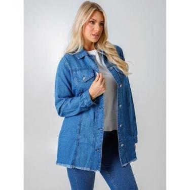 Imagem de Jaqueta Feminina Jeans Oversized Barra Desfiada Fecho em Botão-Feminino