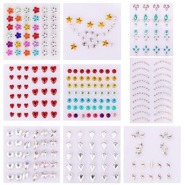 Imagem de 9 folhas de adesivos de pedras de rosto de festival, adesivos autoadesivos de joias de rosto strass para joias, colar na maquiagem, pedras para unhas e olhos, corpo e decoração DIY (vários estilos)