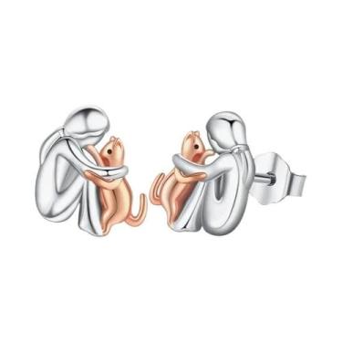 Imagem de Brincos E Colar Feminino De Gato Bicolor Fofo, Joias De Moda Com Tema 