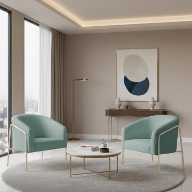 Imagem de Poltrona Sala Decorativa Kit 2 Stella Base Alta Tubo Champanhe Veludo Cotelê Menta D03 - D'Rossi