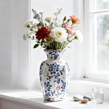 Imagem de Vaso de cerâmica de 24 cm de altura, azul e branco, vaso de decoração chinesa para decoração de casa, centro de mesa de casamento, ideia de presente - Vaso de cerâmica feito à mão para flores frescas