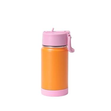 Imagem de Copo infantil Strainght fofo de 340 g com isolamento térmico de metal com canudo garrafa de água de aço inoxidável para meninos e meninas (tampa laranja-rosa, 340 g)