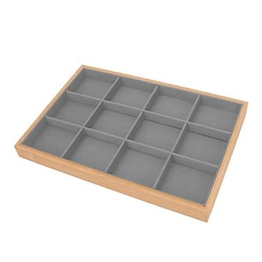 Imagem de Bandeja de joias com 12 grades, macia, elegante, coberta de veludo, organizador de armazenamento de madeira para joias, brincos, colares, quarto, cômoda, mesa (Cinza)