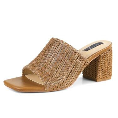 Imagem de Ancomafio Sandálias de salto para mulheres, sandálias ráfia 2025 salto grosso bico quadrado bloco mules sapatos de verão sem cadarço, Tan Raffia, 38