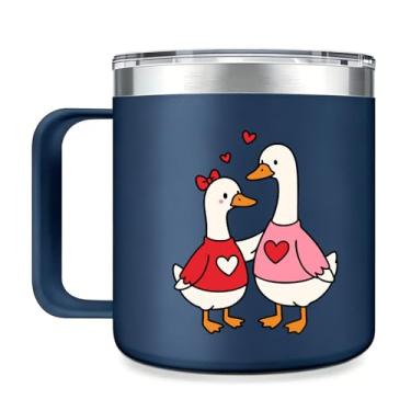Imagem de Caneca Térmica Fofa com Casal de Gansos, 414ml, Aço Inoxidável com Alça e Tampa, Isolamento a Vácuo Duplo, Presente Divertido para Ela/Ele (Azul)