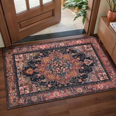 Imagem de Tangsoo Tapete vintage 5 x 7 lavável para entrada amarelo azul antiderrapante tapete de área pequena, azul escuro/vermelho porta interna da frente