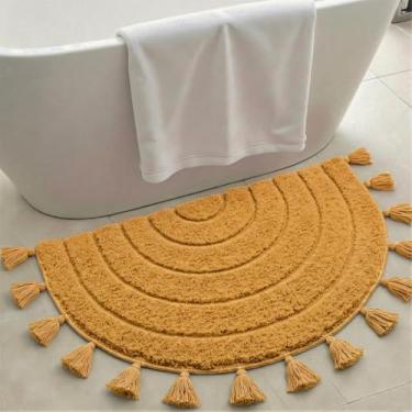 Imagem de Cevolyn Tapetes de banheiro boho de meio círculo com borlas tecido à mão antiderrapante tapete de banho macio boêmio absorvente para banheiro, chuveiro, banheira, decoração boho, lavável, mostarda