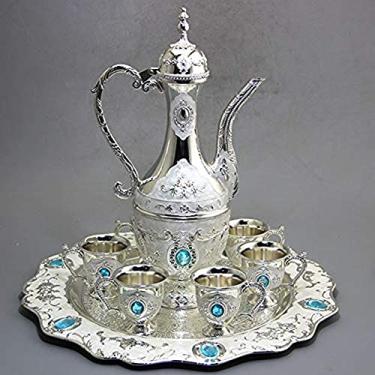 Imagem de Conjunto de chá, conjunto de cobre, prata, bule de chá, decoração de pote de café, pedras de cristal incrustadas - feito à mão, 100% cobre, inoxidável para servir e beber, presente vintage de