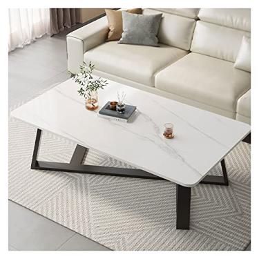 Imagem de Mesa de centro de 99 cm com mesa de pedra e moldura de metal, mesas de centro retangulares modernas para sala de estar, sala de hóspedes, mesa lateral de recepção (branca)