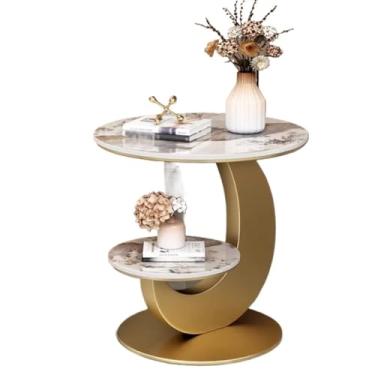 Imagem de Mesa lateral moderna de mármore de camada dupla – mesa de centro redonda minimalista moderna, mesa criativa de canto de sofá para sala de estar, varanda simples (ouro)