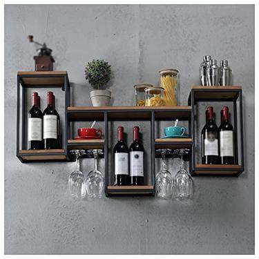 Imagem de Prateleiras de vinho rústicas montadas na parede rack de vinho de metal de 106 cm com suporte de vidro, prateleiras de madeira para sala de estar cozinha rack de exibição decorativo (preto 106 x 20 x