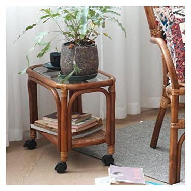 Imagem de Mesa de centro, mesa lateral, mesa de canto com tampo de vidro para sala de estar interna, quarto, varanda, para uso externo, pátio, varanda, deck (marrom escuro)