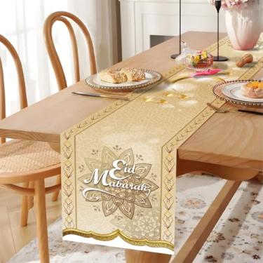 Imagem de Caminho de mesa Eid Mubarak, caminho de mesa com design de estrelas e pontos de luz da lua dourada, decorações de jantar de cozinha do Ramadã sazonal para decoração de festa islâmica em casa