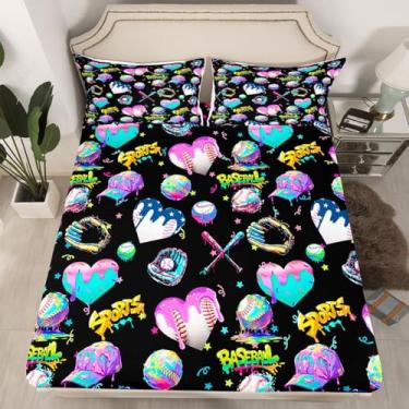 Imagem de Jogo de lençol infantil de beisebol, sorvete, com 2 fronhas, tamanho Queen, 3 peças, beisebol, esportes, microfibra, sobremesa, preto, rosa, azul, lavável à máquina, bolso profundo de 41 cm