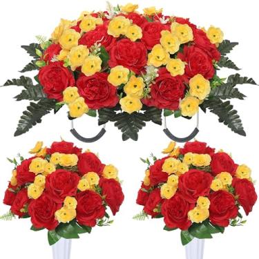 Imagem de IDMOP 3 peças de flores artificiais de cemitério, flores de memorial de cemitério com vaso para decorações de lápides, sela de peônia artificial, dia memorial, decoração de túmulo do dia dos namorados