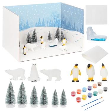 Imagem de Kit de diorama de animais árticos, conjunto de caixa de diorama de papelão inclui figuras de animais polares modelo iceberg falso pinheiro neve cobertor aquarela conjunto de pintura para artesanato