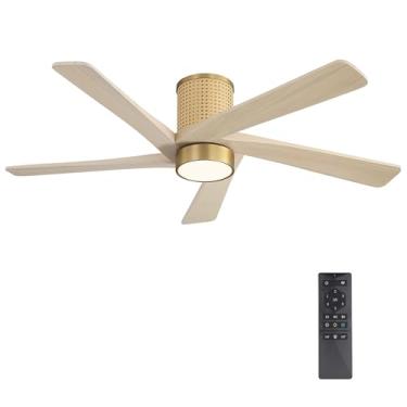 Imagem de WINGBO Ventilador de teto de vime embutido de 122 cm, luz regulável 3CCT, 5 lâminas de madeira esculpida, motor CC reversível de 6 velocidades, ventiladores de teto modernos para uso interno